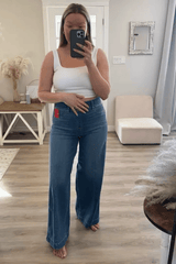 Vintage style sewn front wide leg jeans
