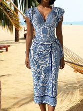2 Piece Sets Woman Outfit Blue Retro Print Bikini Set Deep V Neck Ruffle Sleeve Dress Cover Up Fashion