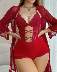 Front Closure Lace Strapless Bodysuit with Lace Robe