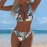 One Piece Bikini Set, Backless Swimsuit with Digital Print Tummy Control Monokini V Neck Halter Bandage Suit