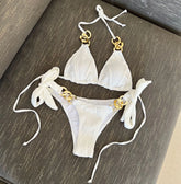 Trendy Solid Color Bikini Set Two-Piece D-Ring Tie Detail Adjustable Halter Neck Lace Up Bandagewear