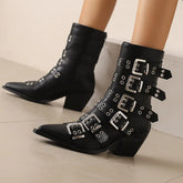 Women's Pointed Punk Style Belt Buckle Pullback Short Boots