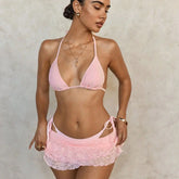 3 Piece Bikini Set Lace Trim Cover Up Dress & Tie-Front Swimsuit Solid Pink Bikini