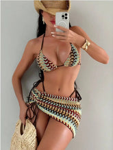 3 Piece Bikini Set Striped Tie-Side Top & Cheeky Bottom with Wrap Outfit Swimsuits