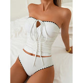 Bandeau Tie Boyleg Two Piece Bikini Set Small Bust Tummy Control Ruched Swimwear