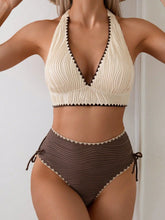 Color Block Bikini Set Lace Trim Two Piece Swimsuitwear Two Piece V Neck Solid Color Bikini Set