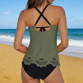 Cutout Tankini Set Floral Lace Hollow Two Piece Swimsuit with Ruffle Hem Solid Panties Swimwear