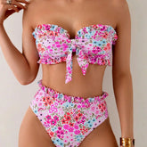 Lace Trim Floral Bikini Set Strapless Two Piece Swimsuit Off Shoulder Crop Top Panties