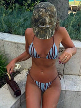 Navy Striped Bikini Set Tie-Front Two Piece Swimsuit Open Back Halter Micro Bikini Sets Bandage