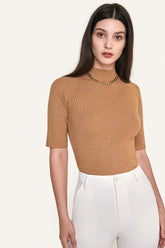 Dark Salmon Mock Neck Short Sleeve Ribbed Knit Sweater Top