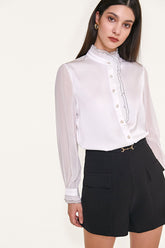 White High Neck Ruffle Detail Button-Up Work Shirt