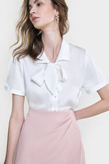 White Tie Neck Collared Button-Up Chiffon Shirt