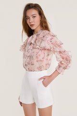 Pink Floral Print Tie Neck Ruffled Chiffon Blouse