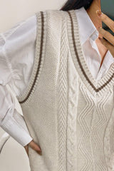 Ivory Cable Knit Striped Trim Sweater Vest