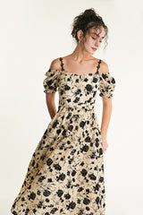 Beige Off-the-Shoulder Velvet Floral Midi Dress