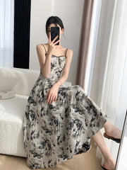 Floral Print Tie Strap Ruffle Detail Ivory Midi Dress