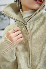 Khaki Collared Half-Zip Oversized Sweater