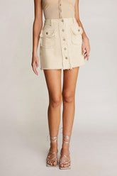 Beige Button Front Frayed Trim High Rise Denim Mini Skirt