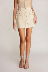 Beige Button Front Frayed Trim High Rise Denim Mini Skirt