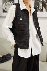 Black Crew Neck Frayed Trim Button-Up Tweed Vest