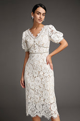 White Lace Overlay V-Neck Rhinestone Detail Midi Dress