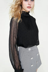 Black Polka Dot Mesh High Neck Blouse