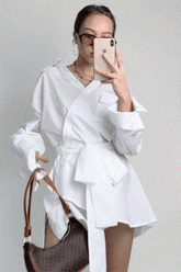 White Wrap-Effect Tie Waist Button-Up Mini Shirt Dress