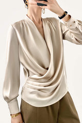 Sea Shell Ruched Long Sleeve Surplice Blouse