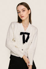 White Bow Detail Button-Up Cardigan