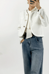 White Frenchy Button Front Detail Tweed Jacket