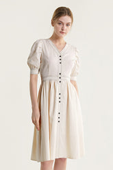Ivory Contrast Stitch Lantern Sleeve V-Neck Midi Dress
