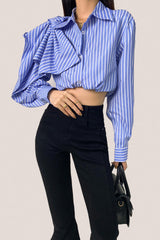 Cornflower Blue Striped Bow Detail Long Sleeve Button-Up Shirt