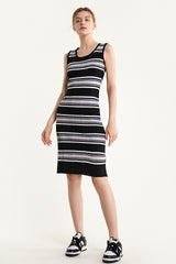 Black Sleeveless Striped Knitted Midi Dress