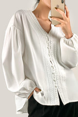 White V-Neck Balloon Sleeve Embroidery Detail Blouse