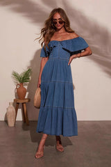 Laylie Medium Wash Denim Off Shoulder Maxi Dress