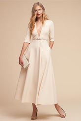 Pure White V-neck Fit&Flare Midi Dress