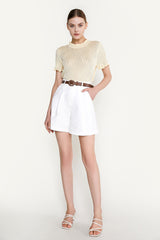 White Belted High Rise Cotton-Blend Shorts