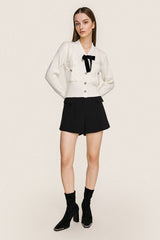 White Bow Detail Button-Up Cardigan