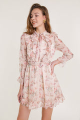 Pink Floral Print Long Sleeve Ruffled Tie Neck Chiffon Mini Dress