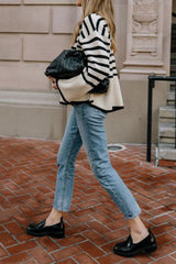 White Roll Neck Striped Ribbed Pullover Sweater