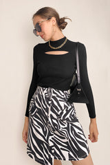 Black Mock Neck Front Cut Out Ribbed Knit Sweater