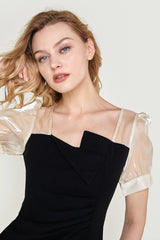Black Draped Contrast Mesh Mini Dress