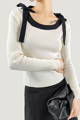 Beige Square Neck Tie Detail Sweater