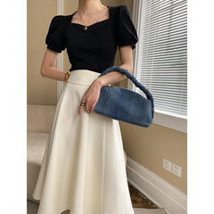 French love square collar bubble short sleeve T-shirt