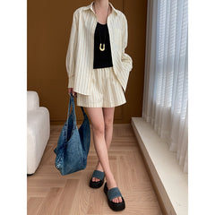 Vertical Striped Shirt Shorts Sunscreen Two-piece Set