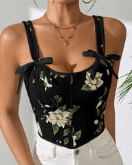 French Style Bow Lace-Up Floral Body Shaper Women's Sling Printed Slim-Fit Vest Corset