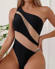Beach Vacation Off-shoulder Transparent Mesh Colorblock One-piece Swimsuit