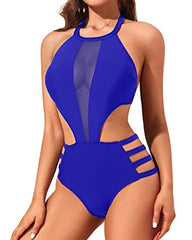 Women's Round Neck Open Back Mesh Stitching One-Piece Swimsuit