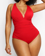 Beach Vacation Solid Color Deep V One-Piece Swimsuit