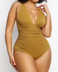 Beach Vacation Solid Color Deep V One-Piece Swimsuit